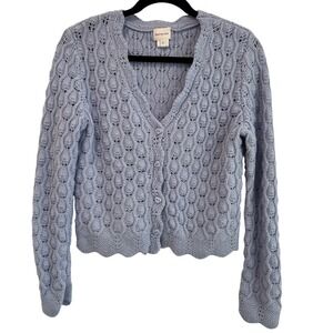 Find Me Now Periwinkle Blue Pointelle Knit Cardigan Heart Buttons Medium